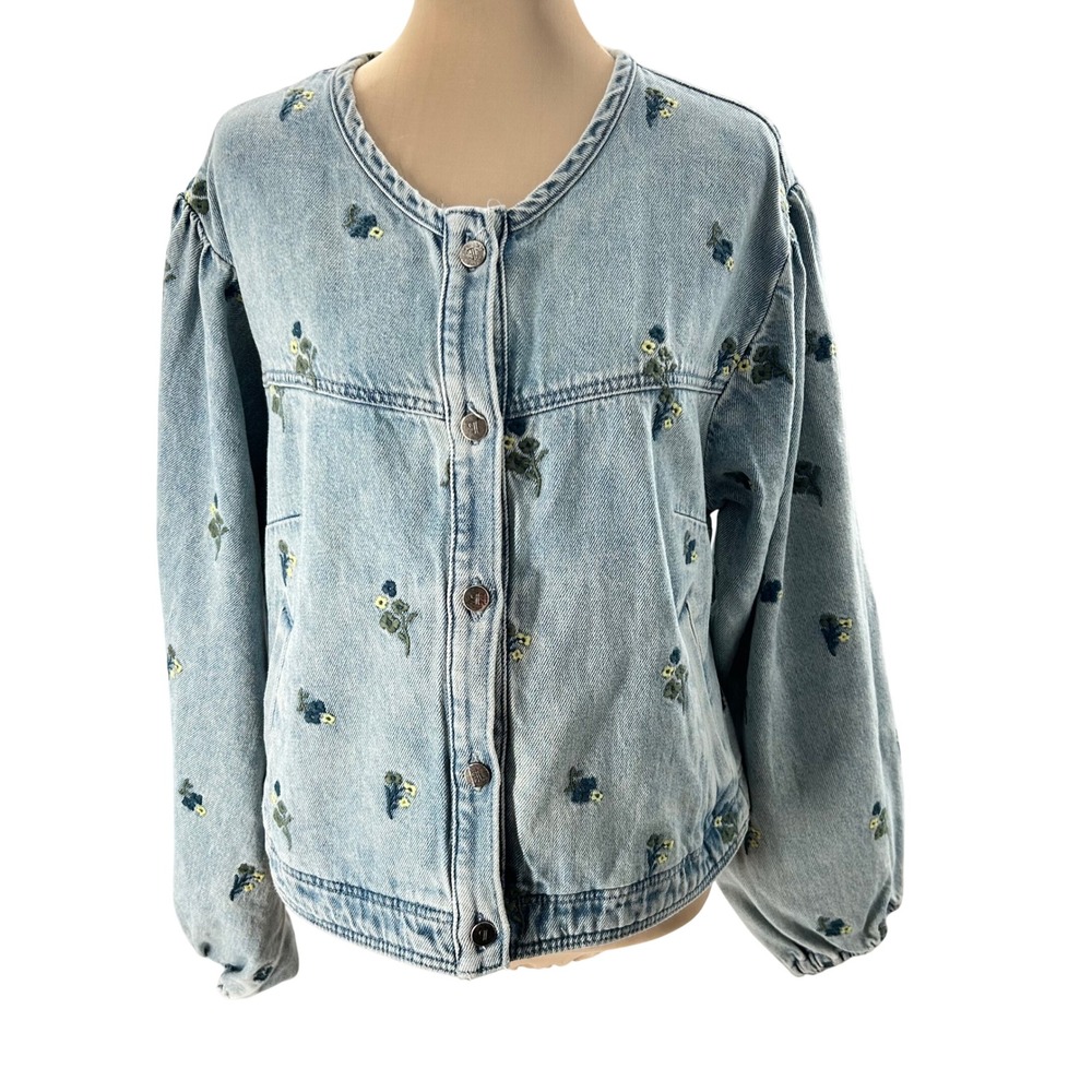 Princess Polly Light Wash Embroidered Floral Puff Sleeve Denim Jacket Collarless